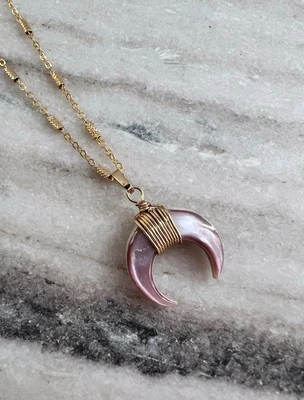 Gold Crescent Moon Necklace Shell Horn Necklace Blush Pink Shell Tusk necklace - Image 1 of 4