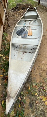 VTG 14' MICHI-CRAFT Aluminum Canoe Square Back 3 Paddles takes 3 HP motor Mid PA - Image 1 of 4