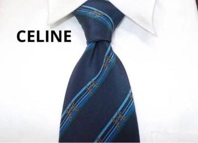 Celine Silk Stripe Tie Navy 100% Silk Used Readable Tag - Image 1 of 4