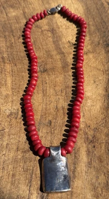 Estate Tibetan Coral Beaded Sterling Silver Necklace ~ Vintage 925 Rare - Image 1 of 4