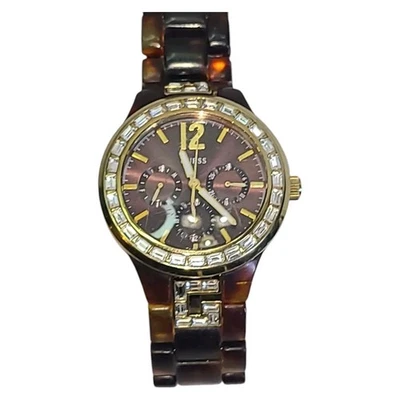 Guess Women's Chronograph Watch W0078L1 Rhinestone Brown Acrylic Band *Needs Bat - Image 1 of 4