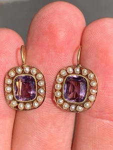 15ct gold amethyst natural salt water pearl cluster earrings Victorian - Picture 1 of 11