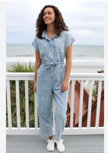 Simply Southern Denim Jumpsuit Damen Gr. L Blau Chambray Kurzarm Gürtel Crop - Bild 1 von 8