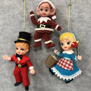 Vtg 3 Kitsch Flocked Christmas Ornaments Elf Pixie Santa Suit Boy In Suit & Girl - Picture 1 of 11