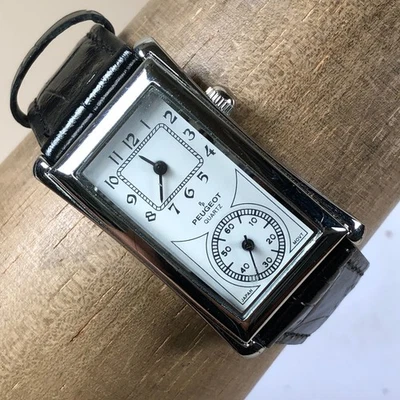 Vintage Peugeot Masculino 2038 Vestido Couro Preto Quartzo Tanque 26mm Relógio 7 1/2" - Imagem 1 de 4