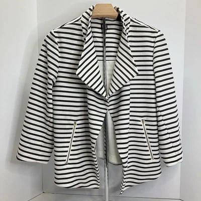 Chaqueta de mujer Roz & ALI blanca y negra a rayas con cuello chal manga 3/4 talla L Foto 1 de 4