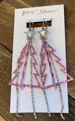 BRINCOS DE GOTA DE ÁRVORE DE FÉRIAS BETSEY JOHNSON CRISTAL ROSA NATAL - NOVO - Imagem 1 de 2