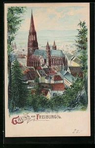 Lithographie Freiburg i. B., Blick auf das Münster, Halt gegens Licht - Picture 1 of 2