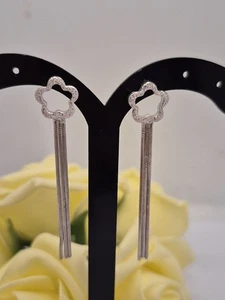 Sterling Silver Textured Flower Tassle Drop Party Earrings. Pierced Ears - Picture 1 of 10