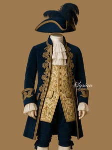 Men’s Royal Blue Velvet Baroque Court Suit with Gold Embroidery and Cravat - Picture 1 of 9