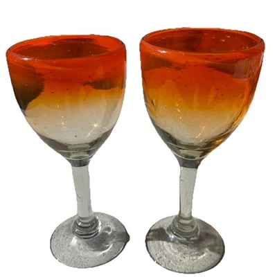 "Juego de 2 copas de vino mexicanas sopladas a mano con borde naranja Halloween 8,5"" Ombré" Foto 1 de 4