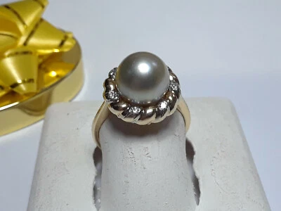 Anillo 9,4 mm plata natural/gris perlas cultivadas y diamantes corona halo 14 quilates YG #12674 Foto 1 de 4
