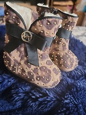 MICHAEL KORS CUNA BEBÉ Zapatos BEBÉ Botas TALLA 1 NUEVO SIN CAJA Marrón Difuso Cremallera Bling Bow  Foto 1 de 4