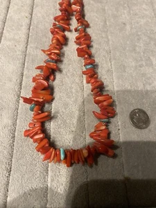 vintage native american Strung Italian Red Branch Coral And Arizona Turquoise  - Picture 1 of 5
