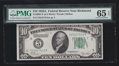US 1928A $10 FRN Richmond FR 2001-E PMG 65 EPQ GEM CU (910) - Image 1 of 2