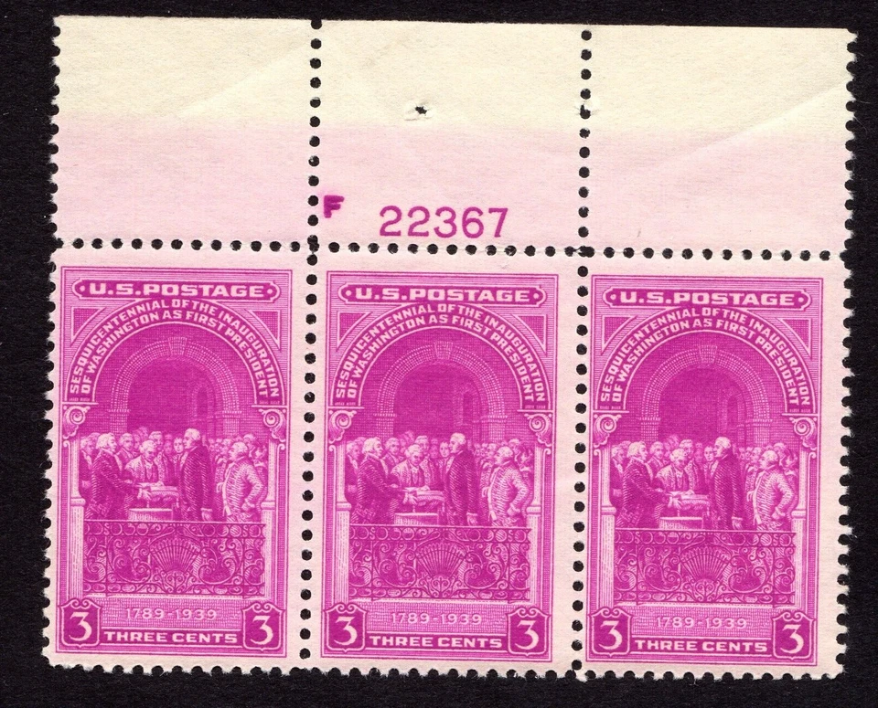 Scott #854 George Washington Office Oath Plate # Strip of 3 Stamps - MNH - Image 1 of 1