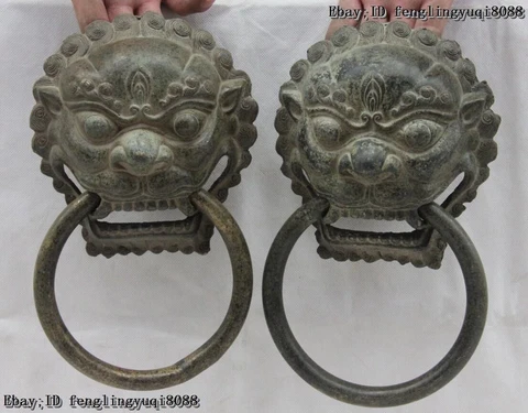 Old Copper Bronze Fengshui Bixie Fu Foo Dog Lion Head knockers Door Knocker Pair Cover