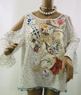 1X Top de hombro abierto bordado a lunares blanco y negro barroco hecho a mano Foto 1 de 4