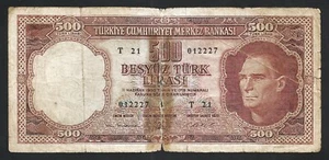 Türkei 500 Lira 1962, schlechter Zustand, P-178a, braun, Präfix T, mit Band - Bild 1 von 4