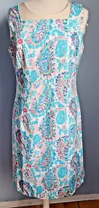 Talbots Teal White Pink Green Paisley Sheath Dress / Lined Sleeveless Size 12 - Picture 1 of 5