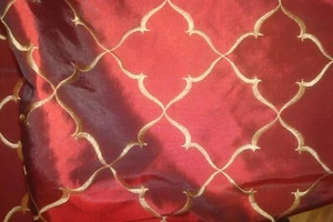 1 of 11 yds Designer Fabric Faux SILK Embroidery Geometric Red Drapery 54" w BTY - Picture 1 of 5