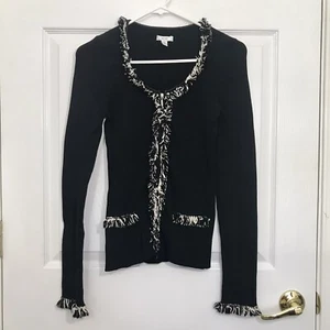 Cardigan maglione cache zip donna taglia small S bordo frange a costine maglia nera - Foto 1 di 5