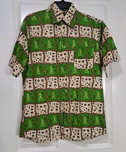 Vintage 60's 70's Cotton Hawaiian Aloha Shirt Lime Green Brown Ivory 42" Chest M