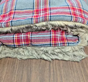 POTTERY BARN Nottingham Faux Fur Back Plaid Throw Red Gray Tartan 60" x 50" GUC - Picture 1 of 8