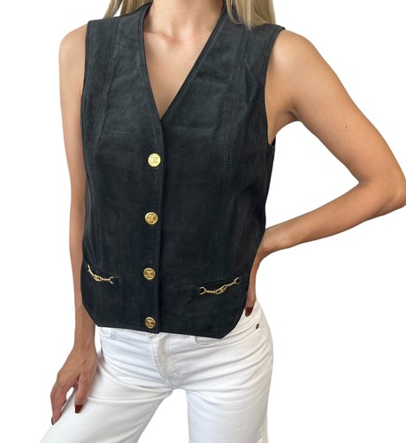 Giacca gilet CELINE vintage logo bottoni a pressione scollo a V tasca nero oro scamosciato