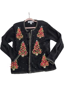 Vintage Victoria Harbour Women's Beaded Embroidered Ugly Christmas Cardigan Sz M - Picture 1 of 6