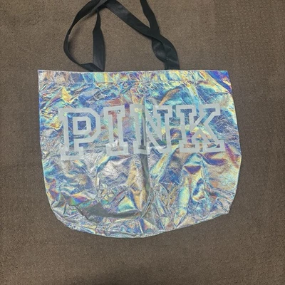Victoria’s Secret Pink Large Reusable Shopping Tote Bag Iridescent Silver NWT - Image 1 of 4