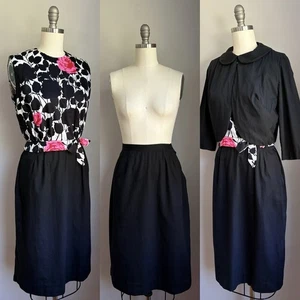 Vintage 1950’s Jet Black & Pink Roses 3 Pc Set Skirt Top Jacket Suit XS - Picture 1 of 16