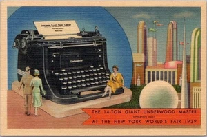 Tarjeta postal de la Feria Mundial de Nueva York 1939 "máquina de escribir gigante Underwood de 14 toneladas" lino - Imagen 1 de 2