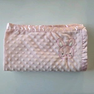 Tiny Little Wonders Pink Bunny Rabbit Minky PRAM BLANKET Satin Back Trim Spots - Picture 1 of 3