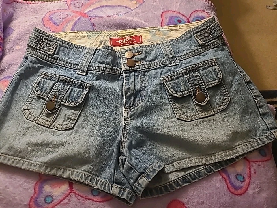 Pantalones Cortos De Colección Y2K Tyte Jean Para Mujer Azul Denim Algodón Tiro Bajo Bolsillos Foto 1 de 4