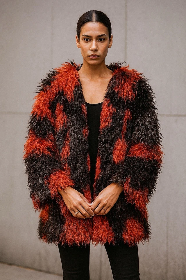 Abrigo de piel sintética June & Hudson S peludo retazos rojo negro declaración Y2K grunge Foto 1 de 4