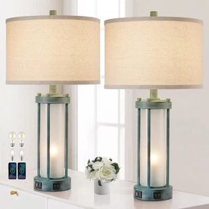 Set of 2 Rustic Table Lamps for Living Room with 2 USB Ports, Farmhouse Vinta... - Picture 1 of 6