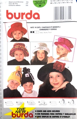 EASY Burda Sewing Pattern 3684 Childs Bucket Hats & Caps 7 Styles 6 Sizes UNCUT - Image 1 of 2