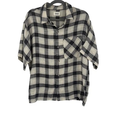 Elwood Mens Riker Plaid Short Sleeve Button Up Shirt Rayon Gray Cream Medium - Image 1 of 4