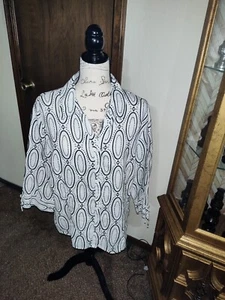 JM Collection Ivory Black Geometric 100% Linen Blouse Womens Size 18 - Picture 1 of 5