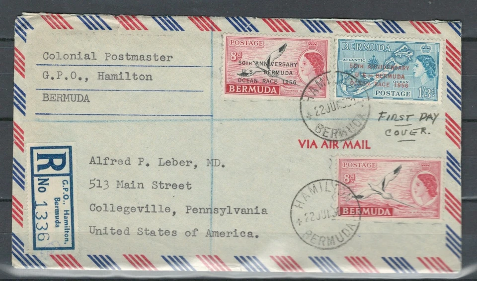 BERMUDA POSTAL COVER TO USA REGISTERED OCEAN RACE OVERPRINT & BIRDS LOT (BCL 52) - Image 1 of 1