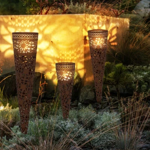Kerzenhalter Windlicht Gartenstecker Teelichthalter rost Glas Muster 3er Set - Bild 1 von 6