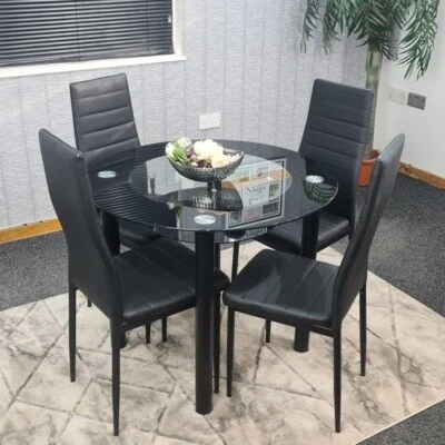 Round Glass Dining Table Set with 4 Faux Leather Chairs Black Modern - Image 1 of 4