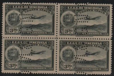 Venezuela: 1938; Scott C110, Official GN, Block 4, 3.70 gray black, rare, EBV929 - Image 1 of 2