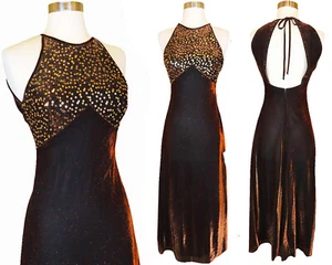 Vintage 80s 90s Dress S Small Slip Maxi Prom Party SEQUIN Bronze Gold Metallic - Picture 1 of 12