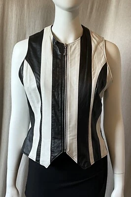 Винтажный кэш 90-х черный белая полоса маслянистый мягкий кожаный жилет молнии спереди L цирк - Изображение 1 из 4