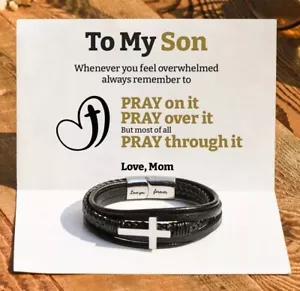 Pulsera cruzada de cuero personalizable To My Son Pray Through It - Añade el nombre del hijo - Imagen 1 de 10