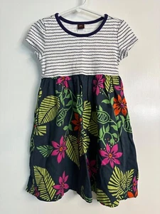 Tea Collection Size 4 Navy Wavy Stripe and Bright Floral Print Dress Knit Woven - Picture 1 of 4