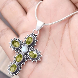 Beautiful Faceted Peridot, Moonstone Cross Jewelry 925 Sterling Silver Pendant - Picture 1 of 8