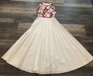 Vintage SEARS FASHIONS Mod White Blue  Red Sleeveless Pleated Maxi Dress~Small - Picture 1 of 5